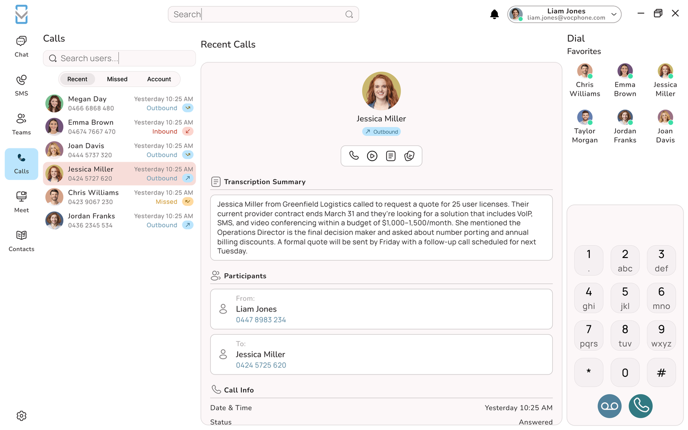 Uniden Voice desktop app showing recent calls and an AI transcription summary